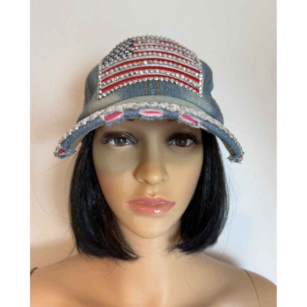 American Flag Rhinestone Distressed Denim Baseball Cap Adjustable Cotton Hat